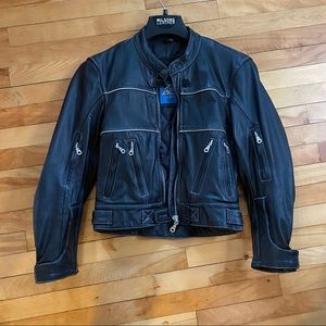 Size small black genuine leather motorcycle jacket.